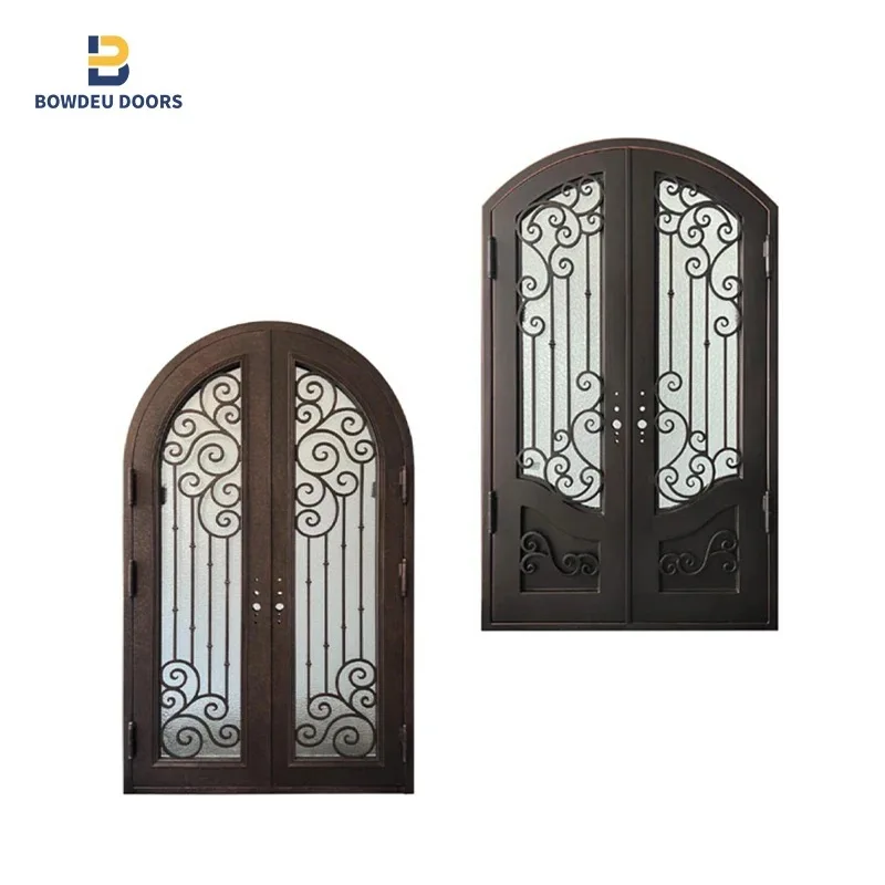 Modern double security door wrought iron entrance security steel front entry door with glass
