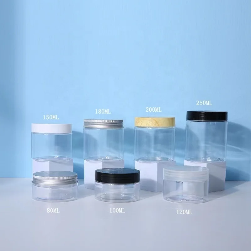 67mm neck size 50g 2oz 100g 120g 150g 200g 8oz 250g 500g plastic PET food cookie jar with black white clear gold silver lid