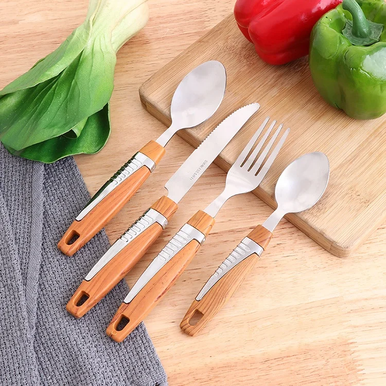 24pcs Dinnerware Wooden Handle Stainless Steel Flatware Set Knife Serve Fork Spoon Portable Tableware Set With Rack