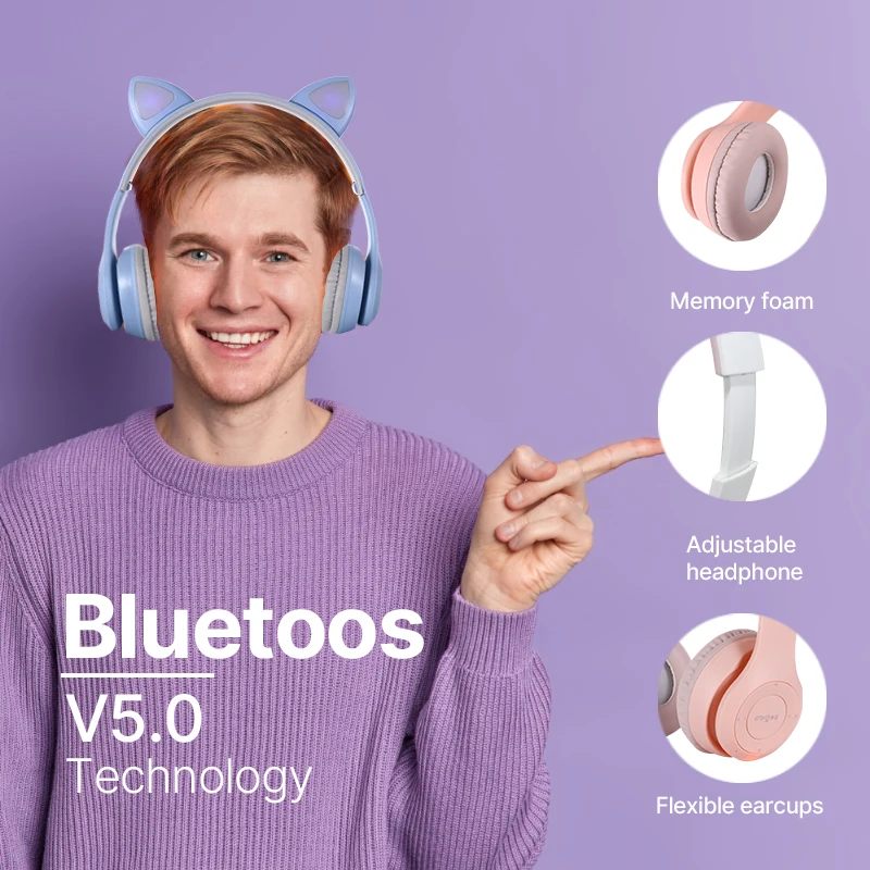 Flash Light BT Cute Cat Ear Blue tooth Headphones Wireless with Mic Stereo Foldable Kids Music Earphones Headset For Gift