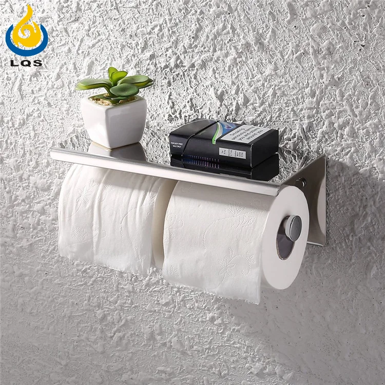 LQS Cheap Stainless Steel 304 Bathroom Wall Mounted Storage Double Toilet Paper Tissue Roll Holder with Phone Shelf