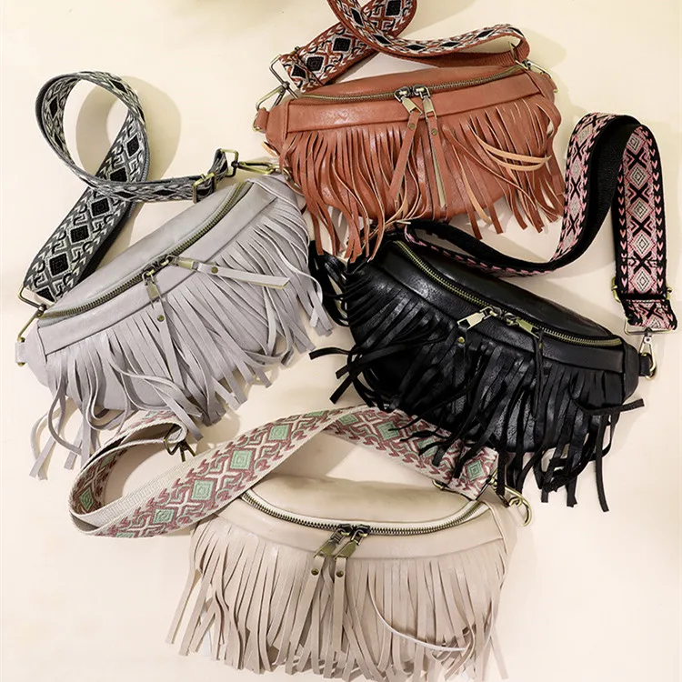 Women Fringes Pu Leather Sling Bag Fanny Pack Waist Bag with Guitar Strap Tassel  Crossbody Shoulder Messenger Bag DOM107