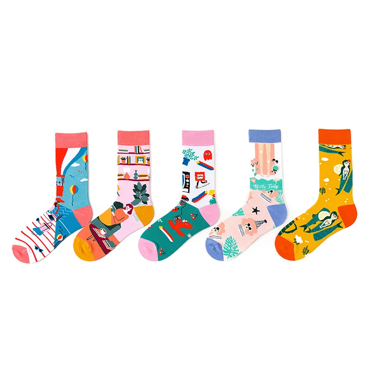 Fashion colorful art pattern happy drew cotton custom dress socks for mens
