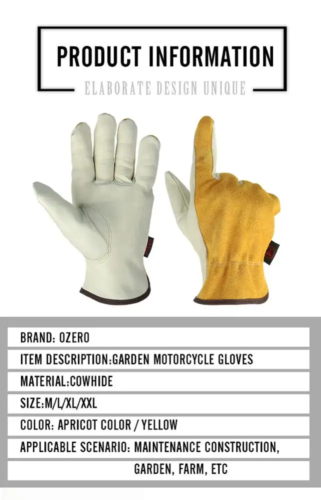 
Ozero brand Cow Yellow Leather Safety Work Gloves for Working 