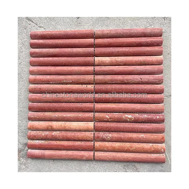 China Natural Travertine Strip Marble Mosaic Pencil Finger Marble Tile KitKat Red Rosso Backsplash Kitchen Bathroom Wall Tile