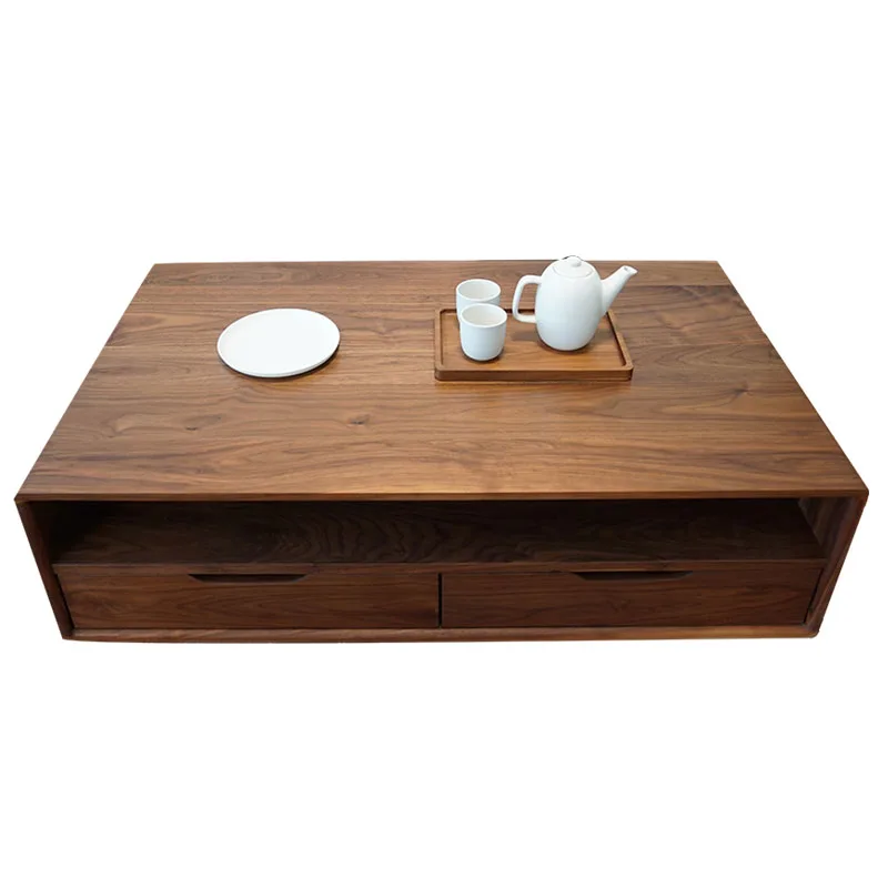 Hot sale Black walnut double-layer tea table four-drawing coffee table square solid wood tea table with drawers