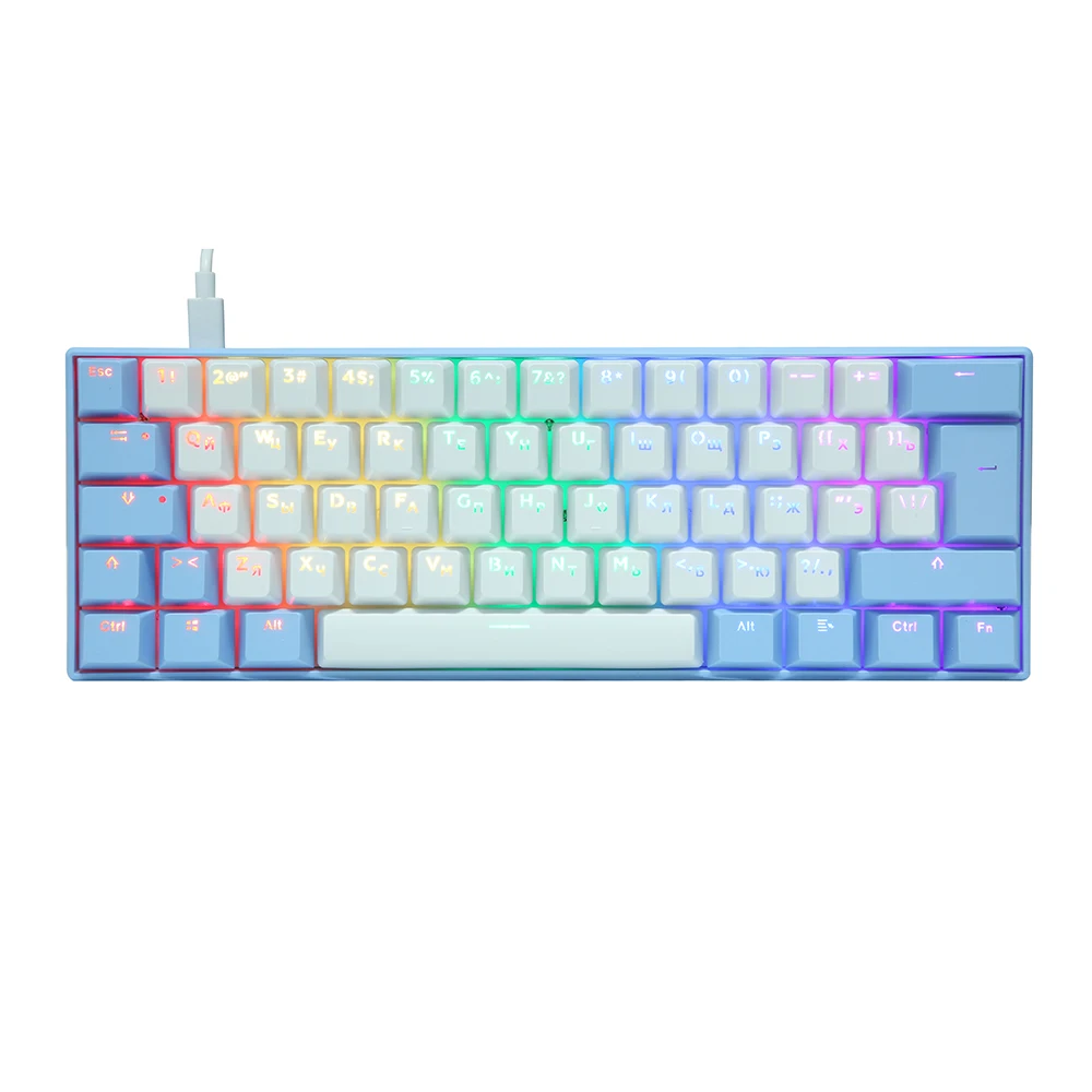 Factory wholesale 61 keys Translucent keycaps wired mechanical keyboard 60% Russian rgb ergonomic computer gaming keyboard