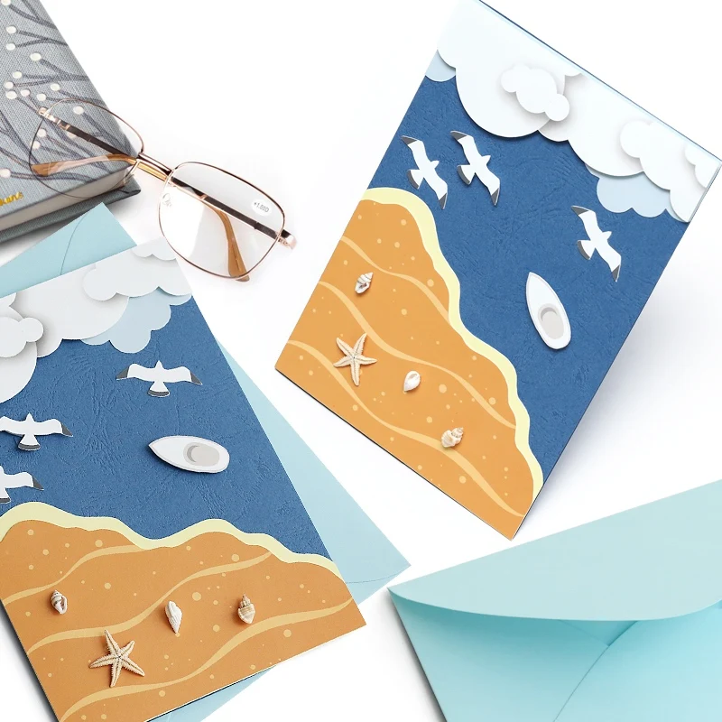 
Elegant Business Invitation Card Custom Logo 250gsm 300 Starfish Shell Handmade Decoration Pop Up Paper Greeting Card Art 