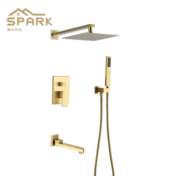 Luxury Concealed shower brushed gold copper wall-mounted shower mixer tap rain shower set hotel project factory wholesale price