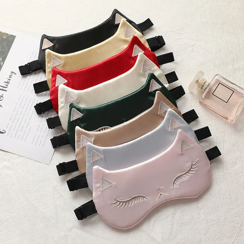 Cute Cat Silky Sleeping Eye Mask Adjustable Eyeshade Comfortable Lightweight Cartoon Satin Eye Cover Mask for Girl Women Travel