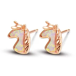 Creative Cute Gifts 14K Rose Gold Unicorn Opal Earring Small Colorful Opal Unicorn Earring for Women Daughter Birthday Present