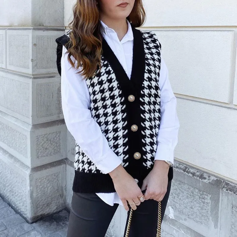 
2020 V-Neck Houndstooth Vest Sleeveless Knit Sweater Sueter Mujer Knit Houndstooth Cardigan Pull Sans Manche 
