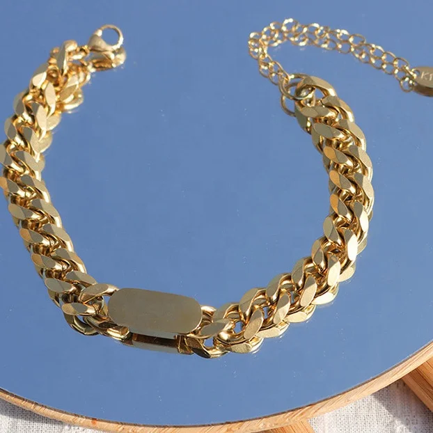 18K Gold Stainless Steel Chunky Curby Cuba Link Strap Watch Wide Chain Bracelet Waterproof Anti Tarnish Bracelets Necklace Man