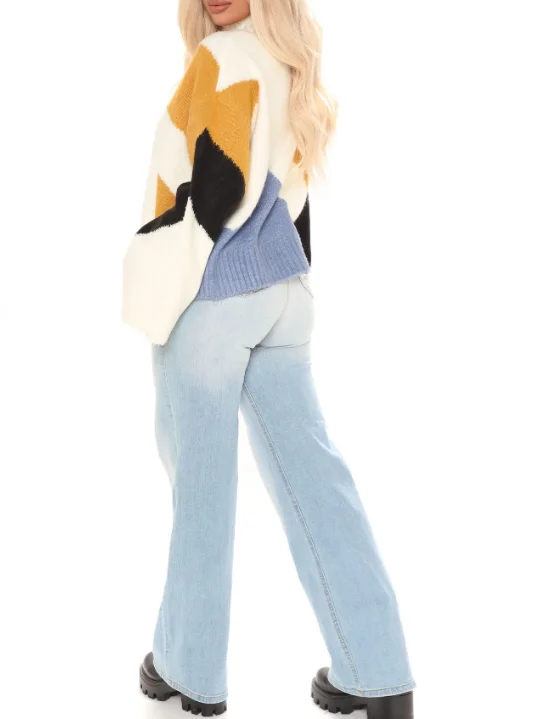 Classic Take Oversized Sweater Long Sleeve Stretch  Mock Neck Colorblock Sweater