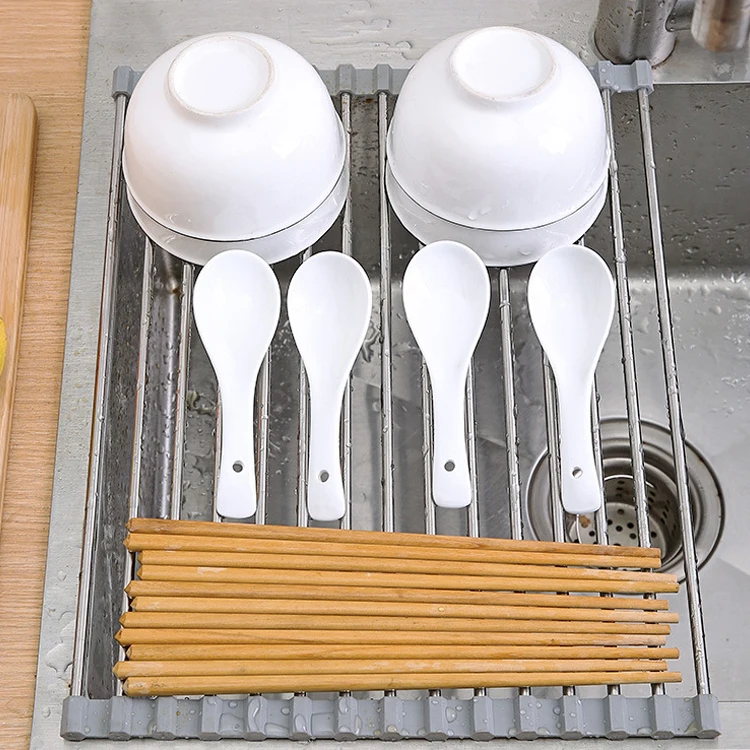 SANIPRO Foldable Rolling Curtain Multifunctional Stainless Steel Sink Bowl Dish Drainer Rack Filter Drainage Storage Shelf