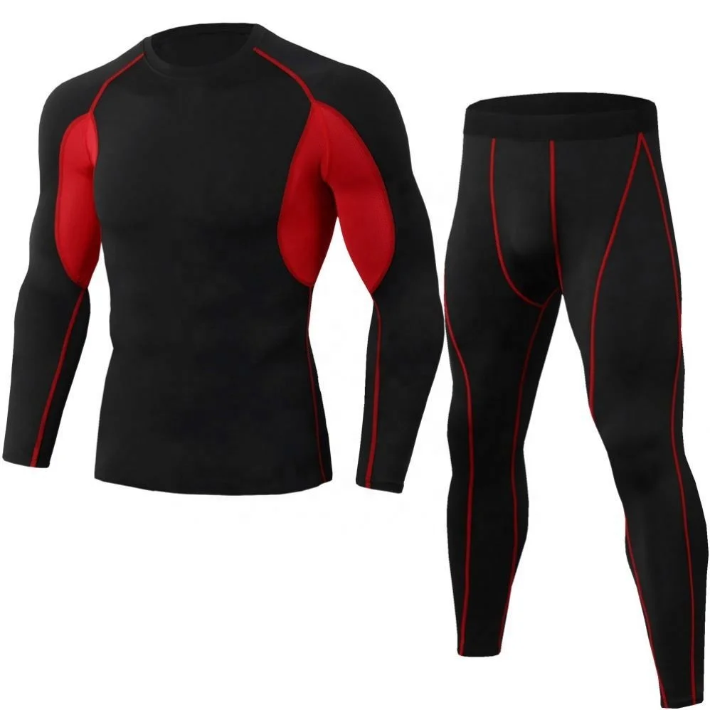Training Bodybuilding Sport 2 Piece Pants Compression Pants Long-Sleeve T-Shirt Compression Short Tights Men Set