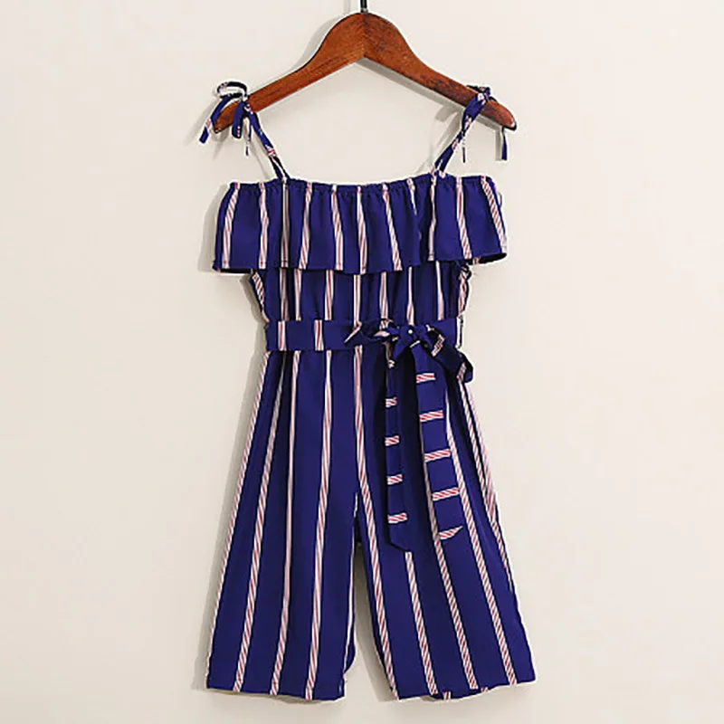 
2021 Boat Neck Vertical Blue Stripe High Waist Jumpsuit Casual Urban Plus Size Mommy And Me Outfits 