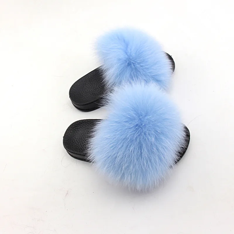 Cheap Price Jtfur Raccoon Fur Pom Pom Kid Sandal Slides For Women And Baby Kids With Fur