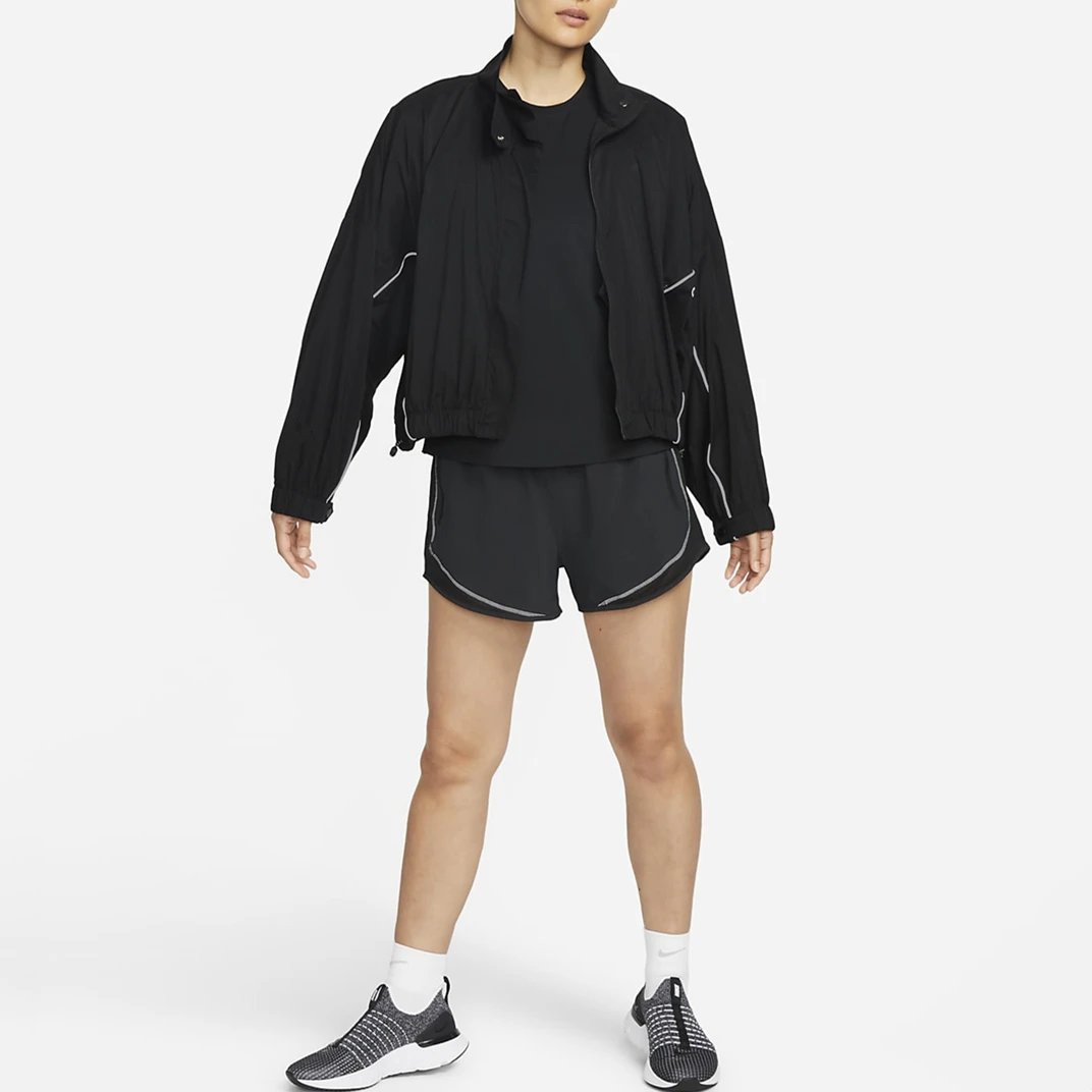 Fashion Streetwear Black Long Sleeve Outfit Windbreaker Two Piece Women Reflective Piping Tracksuit Short Set