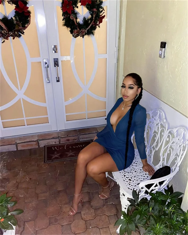 Skinny Mini Skirt Deep V-neck Pleated Sexy See-through Mesh Gauze Party Dress Bodycon Dresses Women Casual Dresses