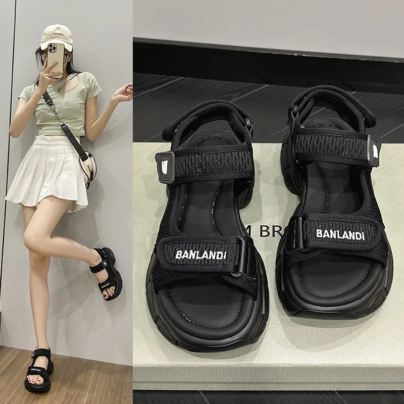 Paris 2023 Summer Open-Toe Dad Sneaker Sandals Women Non-Slip Soft Sole Beach Shoes Velcro Fastening Fashionable Flat Mesh