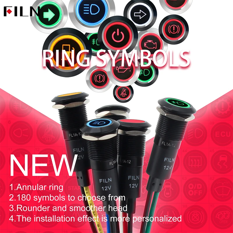 FILN Signal Lamp 12mm LOW Price Low Voltage 12v red Led Metal Indicator Light with symbol