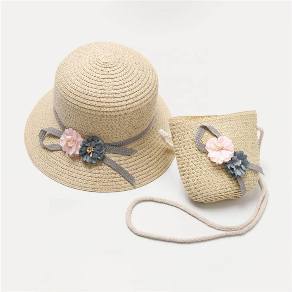wholesale custom design cute flower children girls summer beach travel small bucket coin bag hot sale hat and bag set