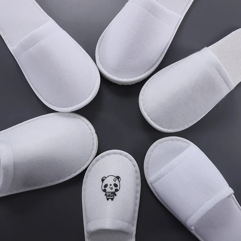 Custom Logo Wholesale High Quality Fur Fluffy White Hotel Room Spa Guest Disposable Cotton Terry Slippers Wholesale Cheap