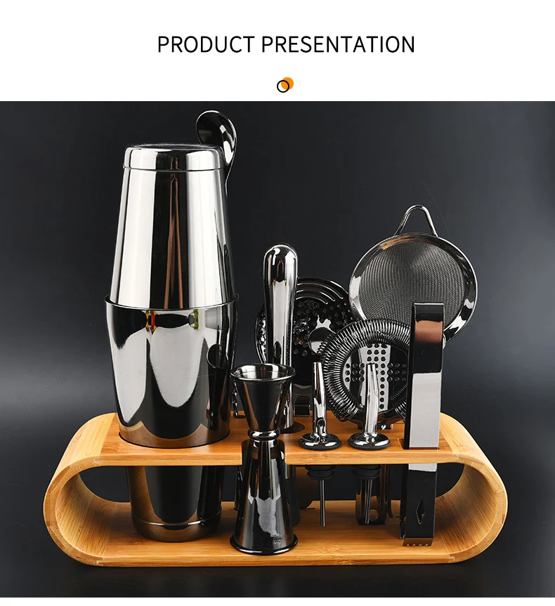 Supplier Custom Cocktail Shaker Set with Accessories Barware Drink Shaker Built-In Strainer Bar Tools Set Recipe Wooden Base