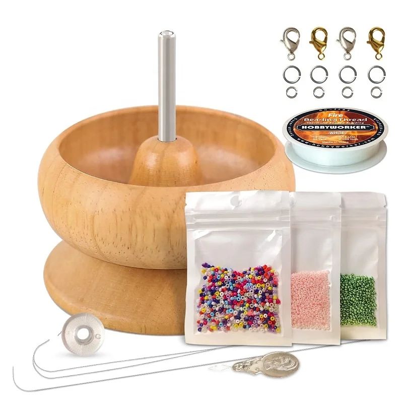 Wooden beading tool beading bowl manual beading spinner diy jewelry accessories with lobster buckle open ring wholesale