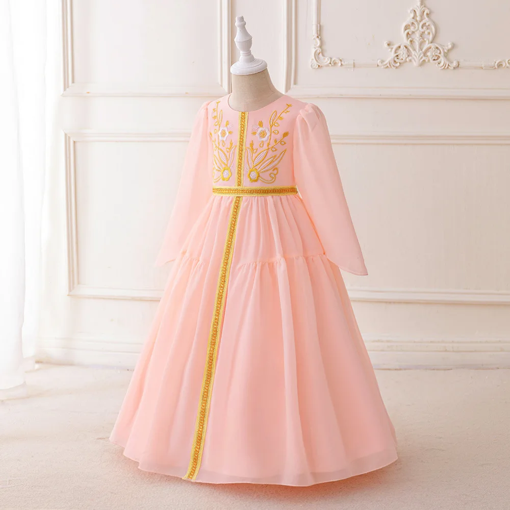 Long Sleeves Pink Muslim Embroidery Flower Girl Dress Fashion Islamic Clothes Kids Birthday Wedding Ball Gown