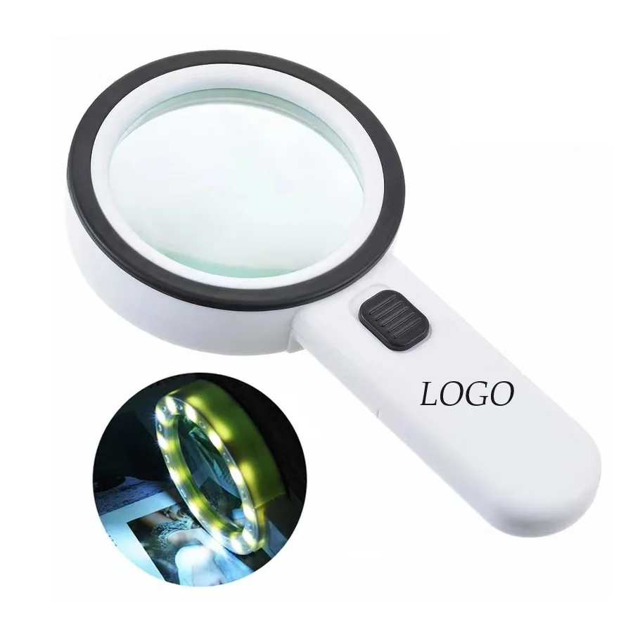 Etch lighting 30X magnifier custom made single color logo led lamp acrylic handheld reading repair magnifying glass with light