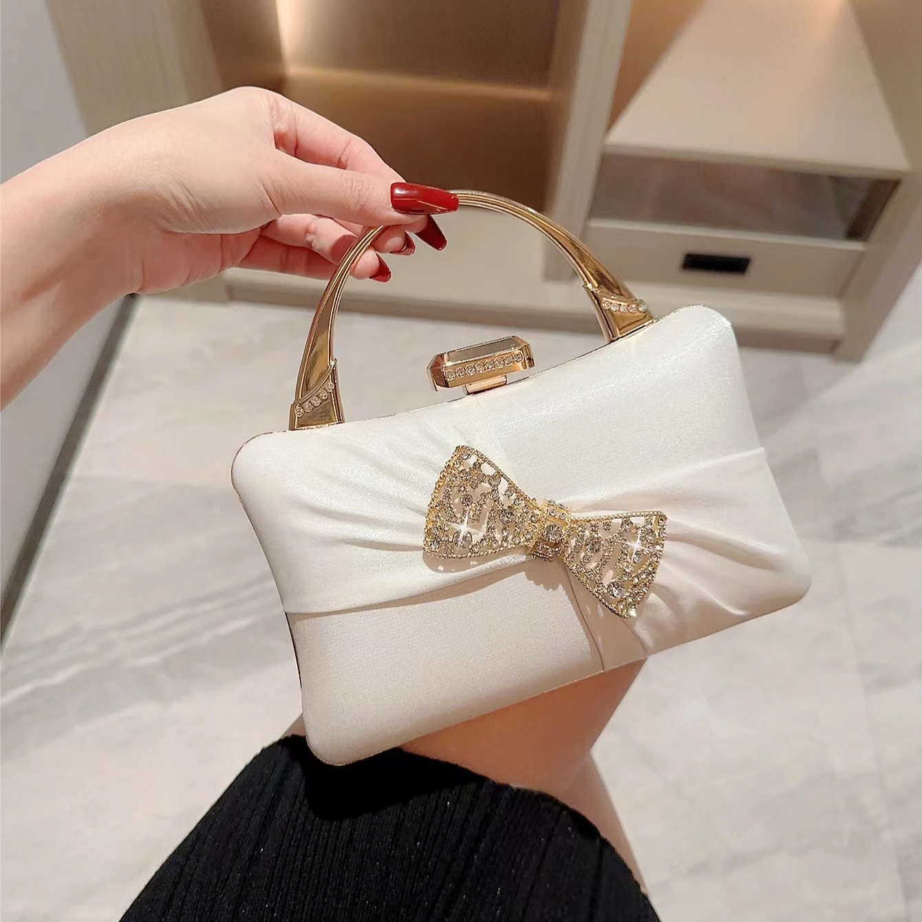 Bridesmaid wedding dress banquet bags minimalist bow shaped luxury women satin evening dress bag with high quality