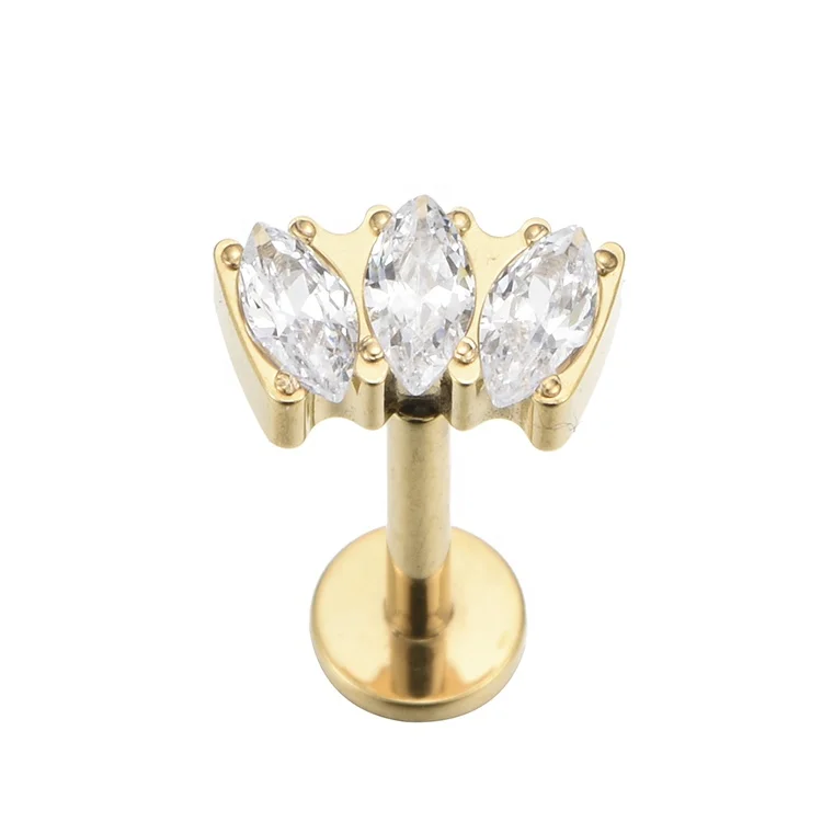 ASTM F136 Titanium Internally Threaded Gold Plated Marquise Top Threaded Labret Titanium Body Jewelry