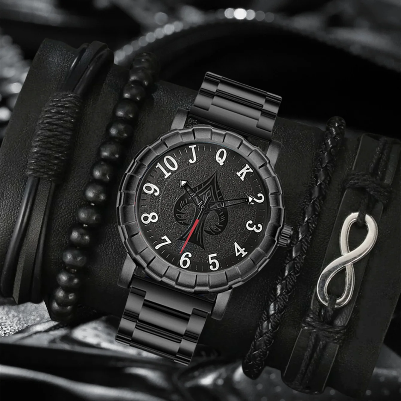 5 PCS Men Watch Fashion Leather Band Spade Poker Dial Watch Luxury Casual Quartz Watch With Bracelets Male Clock Gift