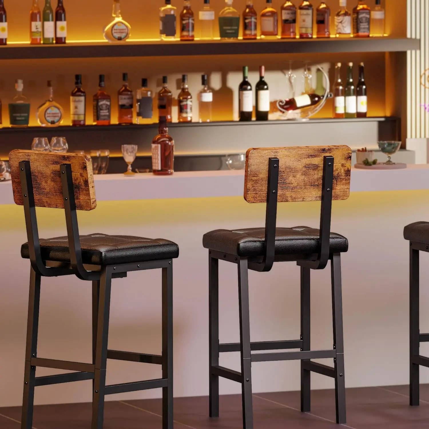Square Pu Upholstered Bar Stool With Backrest And Foot Pedals Thick Upholstered Stool For Kitchen Counter Bar Pack of 2