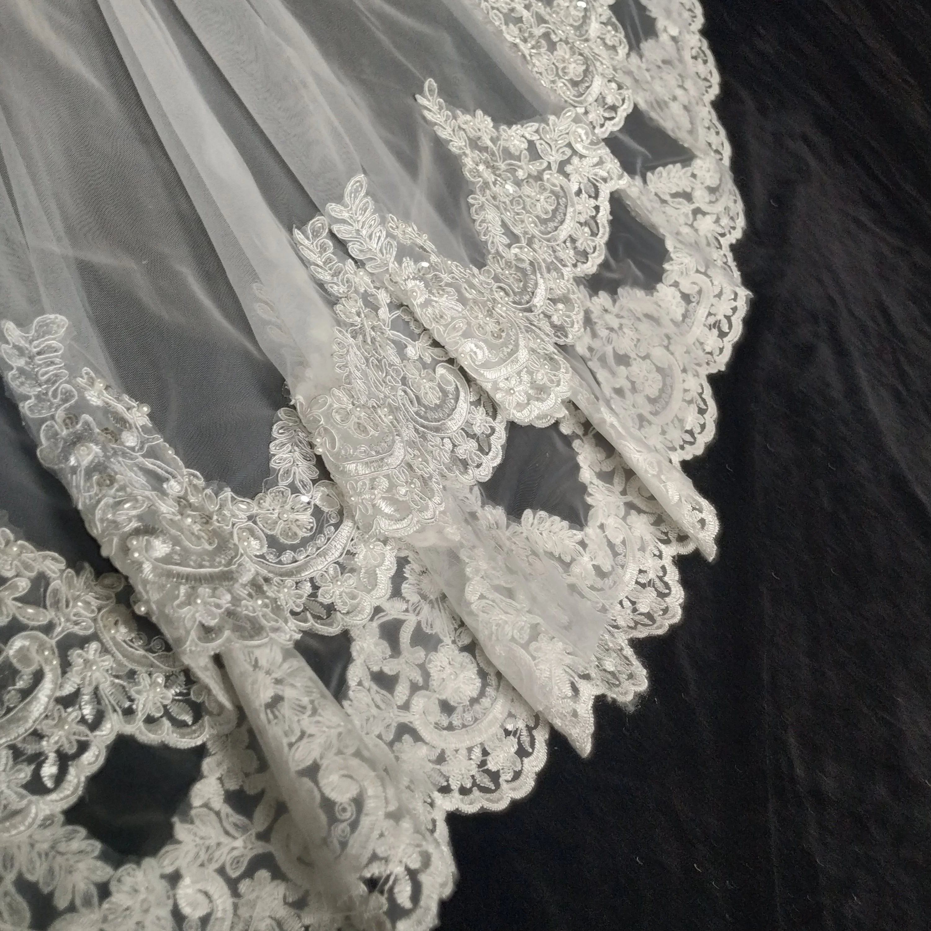 
150cm handmade beaded lace Natural style new creativeWhite Bridal Veil Soft Tulle Wedding Veil Beaded 