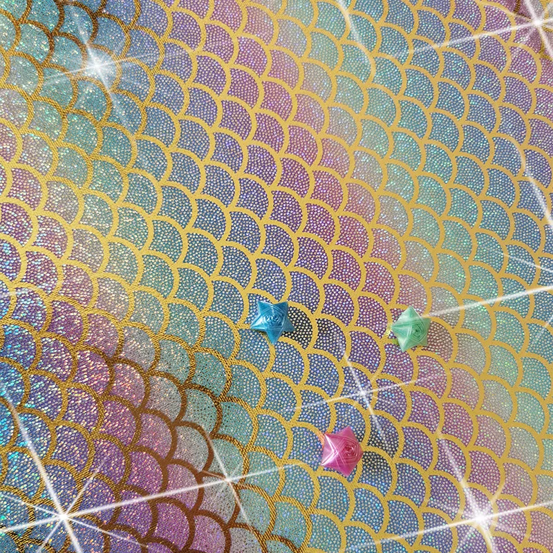 Wholesale Morden Iridescent Sparkly 100% Polyester Rainbow Crystal Laser Foil Print Mermaid Scale Holographic Foil Lame Fabric