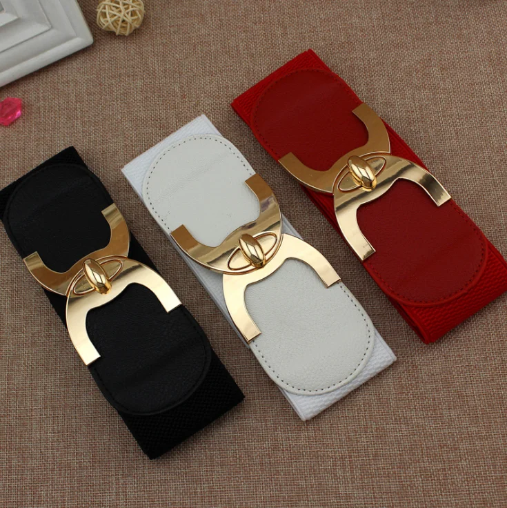 Women Waistband Elastic Ladies Fashion Double Buckle Elastic Dress Wide Belt
