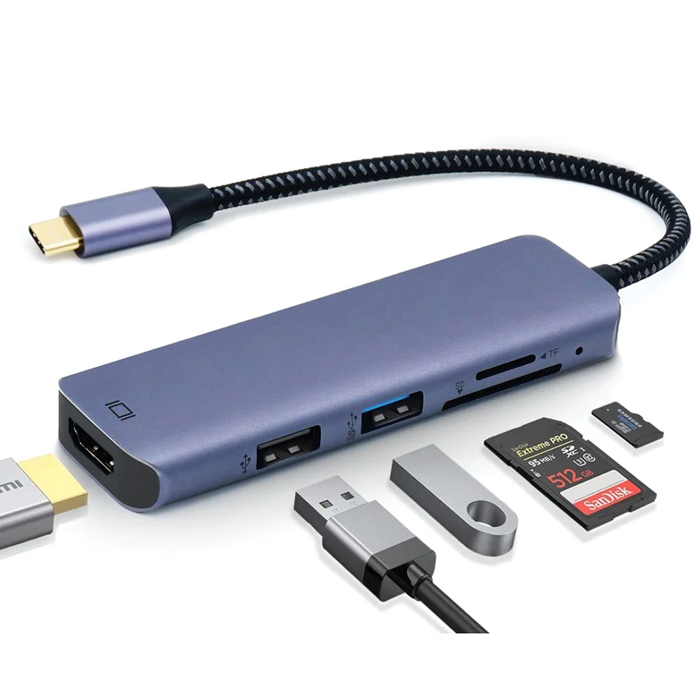 5 в 1 USB-C Hub адаптер переменного тока TF/SD кард-ридер USB-2.0 USB-3.0 USB Type-C на HDMI совместим с 3