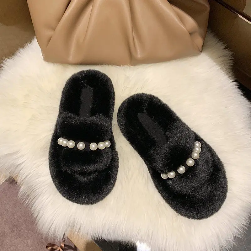 Cotton slippers wool slippers female outer wear net red autumn and winter cute pearl velvet home a word tide