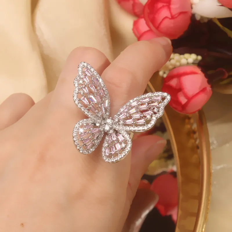2021 Jewelry Women Beautiful CZ Micro Zircon Butterfly Open Ring Silver Rhinestone Vibrator Butterfly Ring For Party