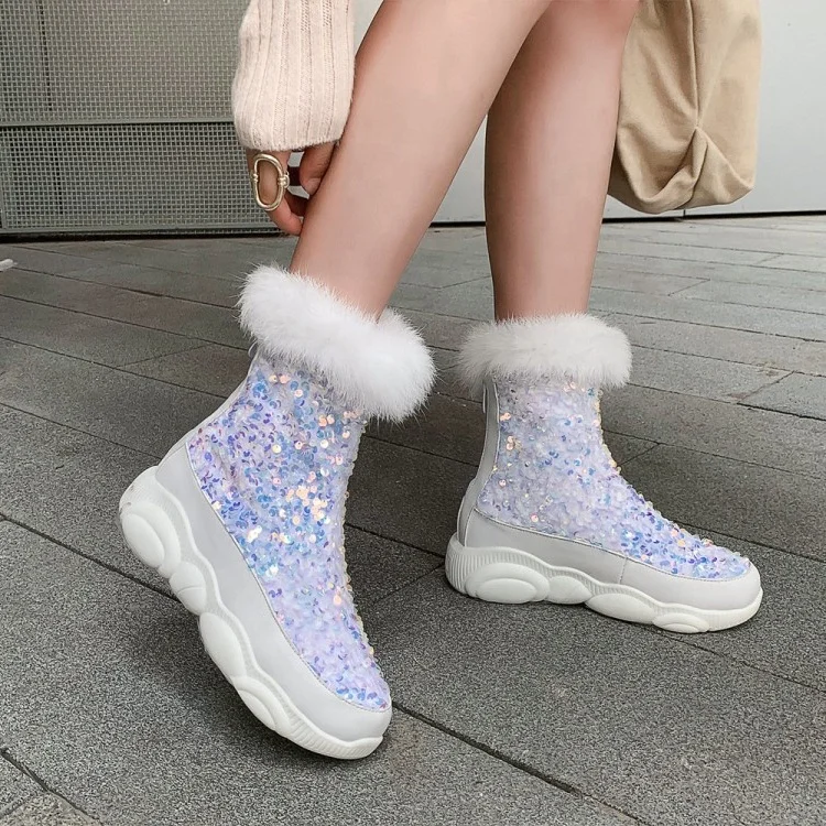 New Fur Glitter Ladies Snow Boots Daily Out Winter Warm Fancy Rhinestone Furry Women Platform Shoes Bling Big Size Girls Boots