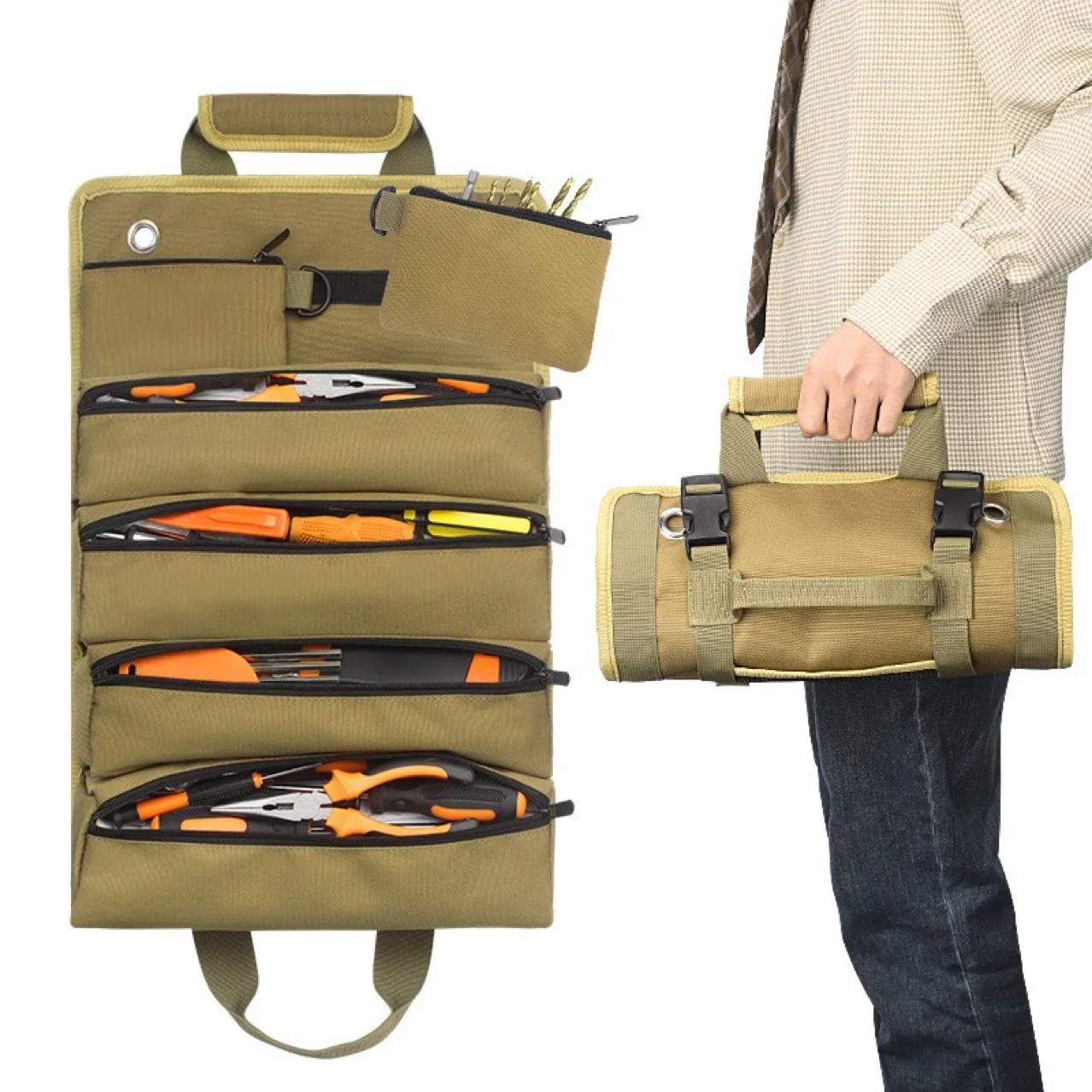 Tool Roll Bag With Large Quantity Heavy Tool Storage Bag Portable Roll up Kit Detachable Tool Bag With Detachable Pouches