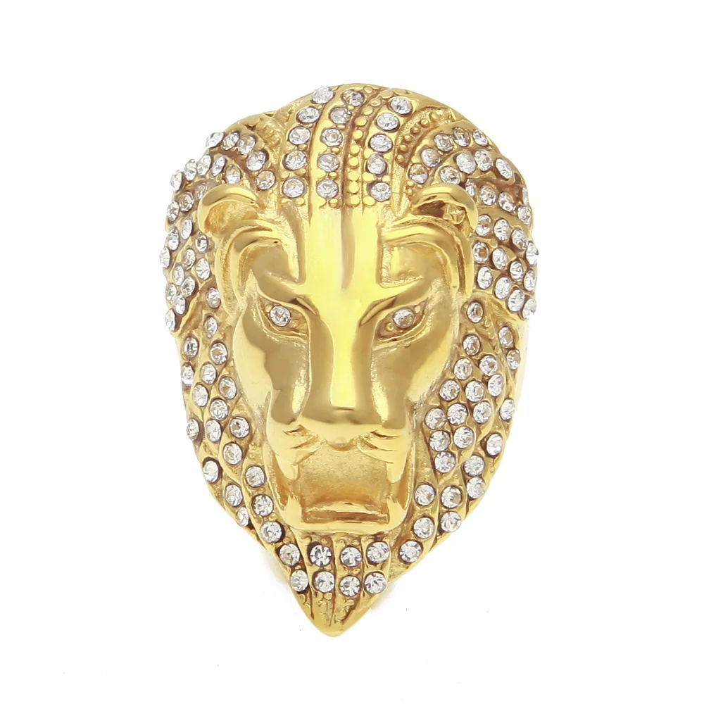 Hip Hop Full Diamond Lion Head Rings Gold Plated HipHop Stainless Steel Large Size Finger Rings for Men