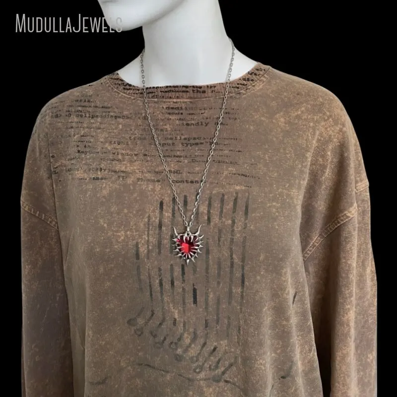 NM47393 Soldered Jewelry Red Glass Crystal Heart Shape Thorn Pendant Cyber Grunge Y2K Stainless Steel Necklace Halloween Gift
