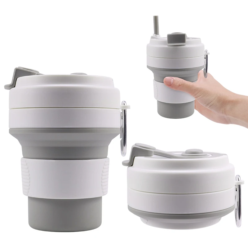 Custom Eco Friendly Portable Collapsible Folding Silicone Pocket Coffee Cup Mug To Go Travel Water Cup 350ml 12oz With Lid&Straw