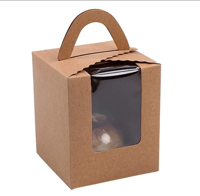 Custom Mini Single Brown Cupcakes Containers Paper Gift Packaging Boxes with Handle