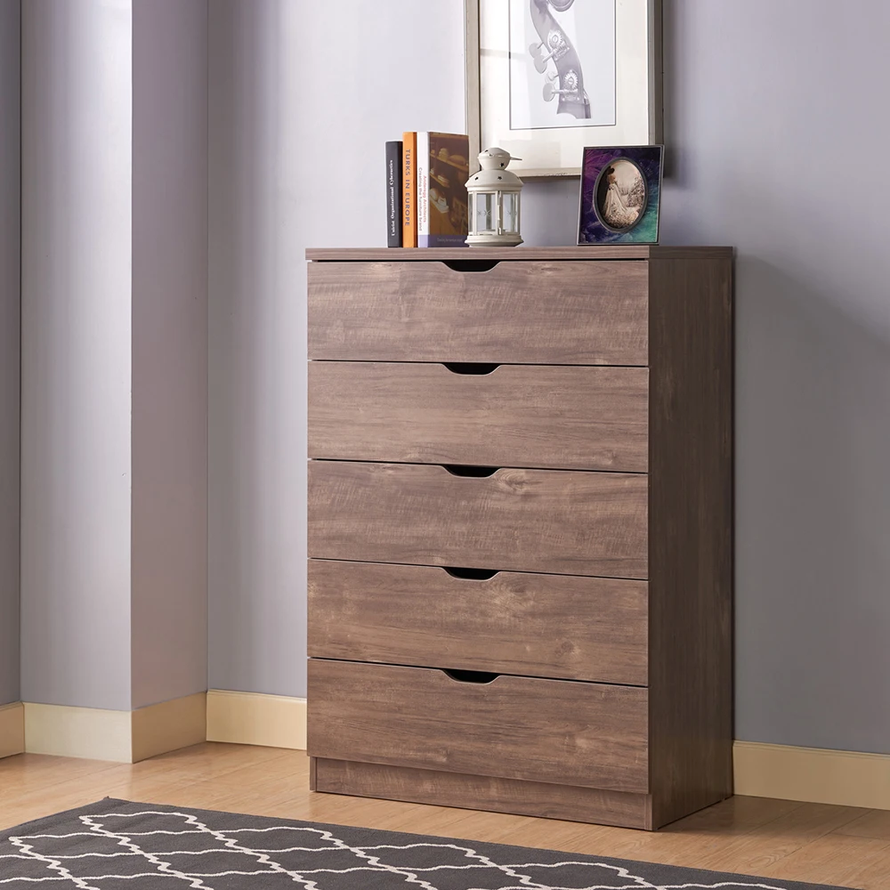 Modern five drawer clothes and storage chest cabinet design with cutout handles in Hazelnut color living room cabinets