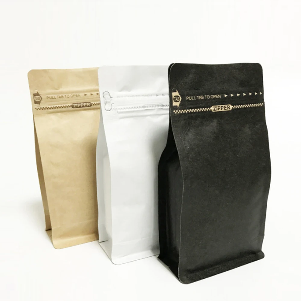 Custom Eight Side Sealing Flat Bottom Coffee Bean Aluminum Foil Bag Coffee Packaging Bags With Valve And Zipper